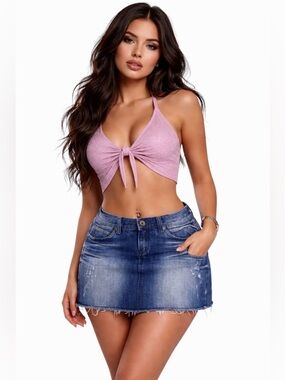Vintage Maro Catte -  Y2K Distressed Denim Mini Skirt Faded Wash Frayed Hem